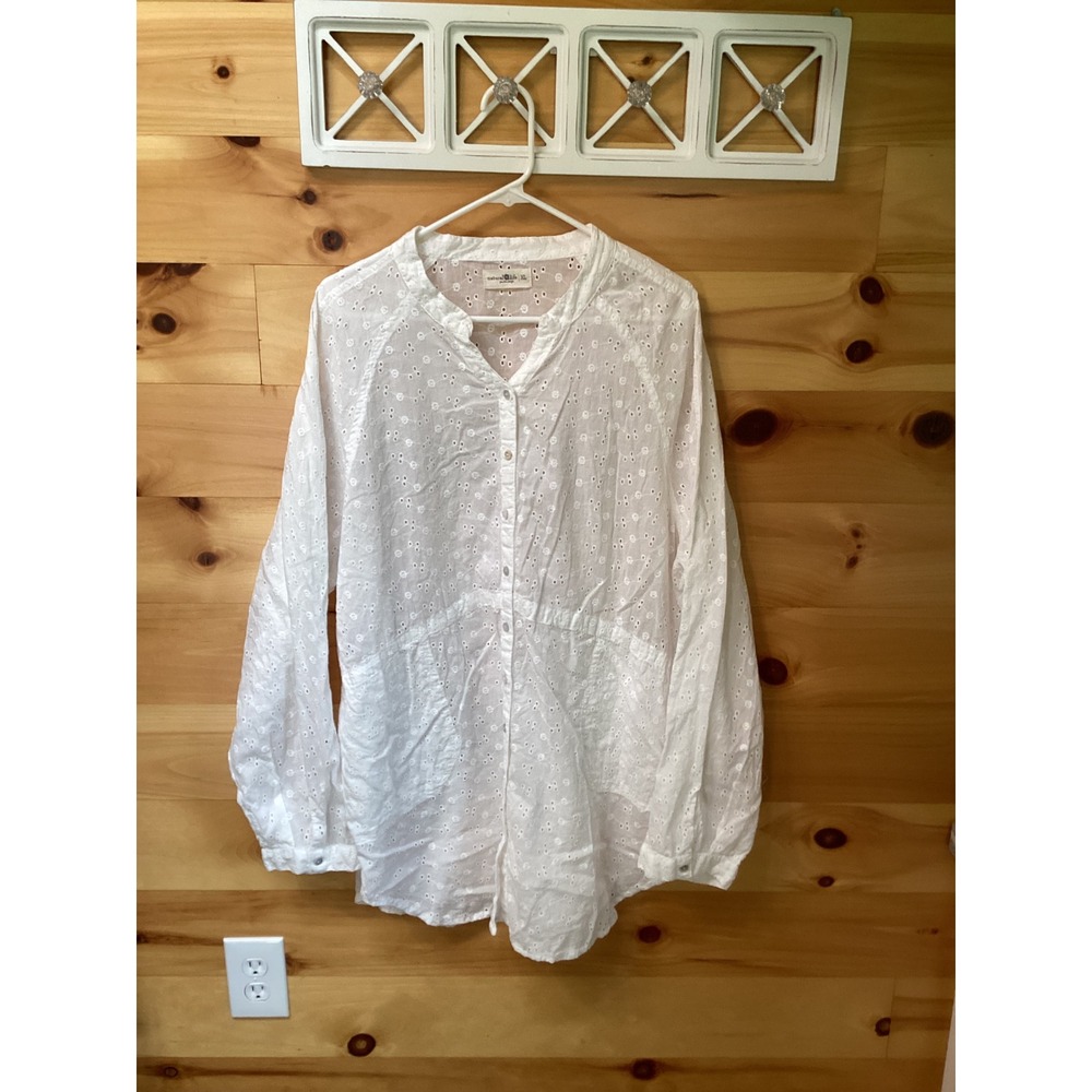 Natural Life Womens XL White Cotton Eyelet Long Sleeve Boho Button Up Blouse
